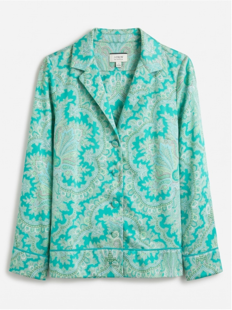 J.Crew Drapey Button-Up Paisley Green Satin Loose Fitting Blouse, Sz S